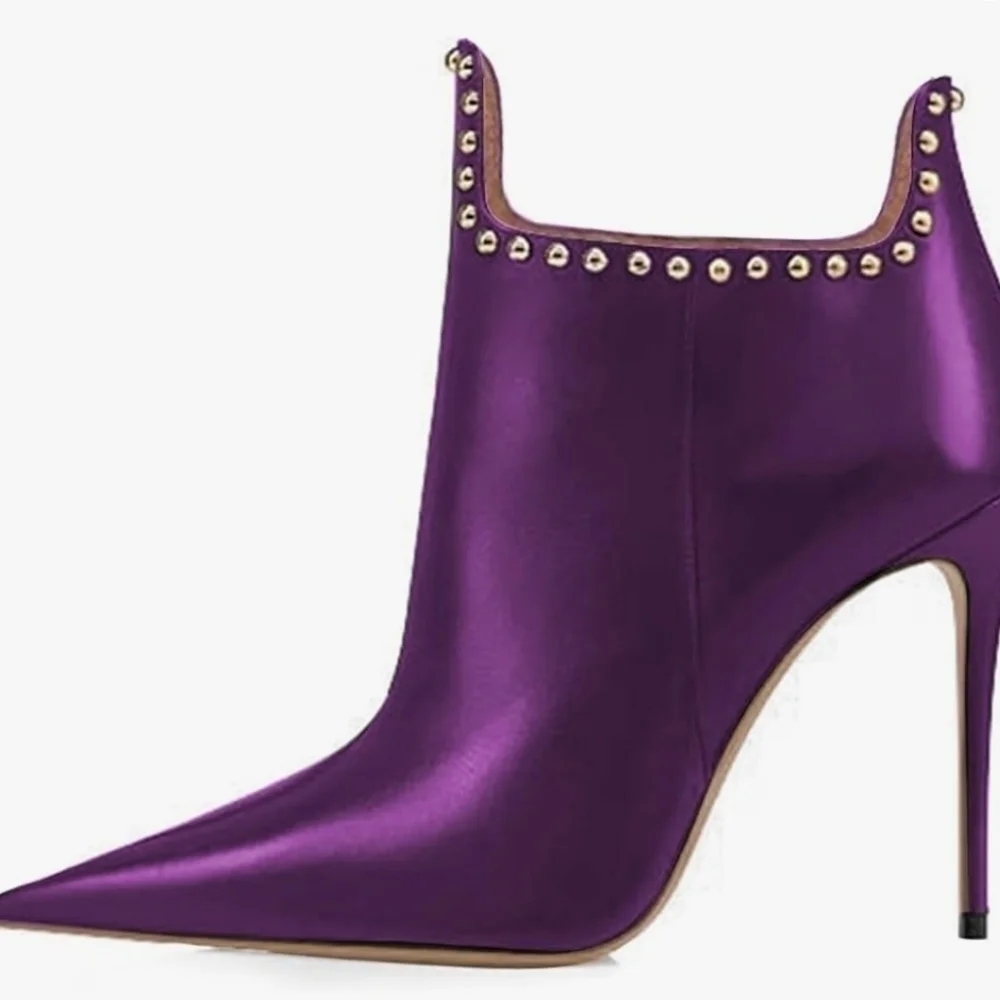 FSJ Classic Pointed Toe Stiletto High Heel Studded Ankle Boots Glossy Pull-On